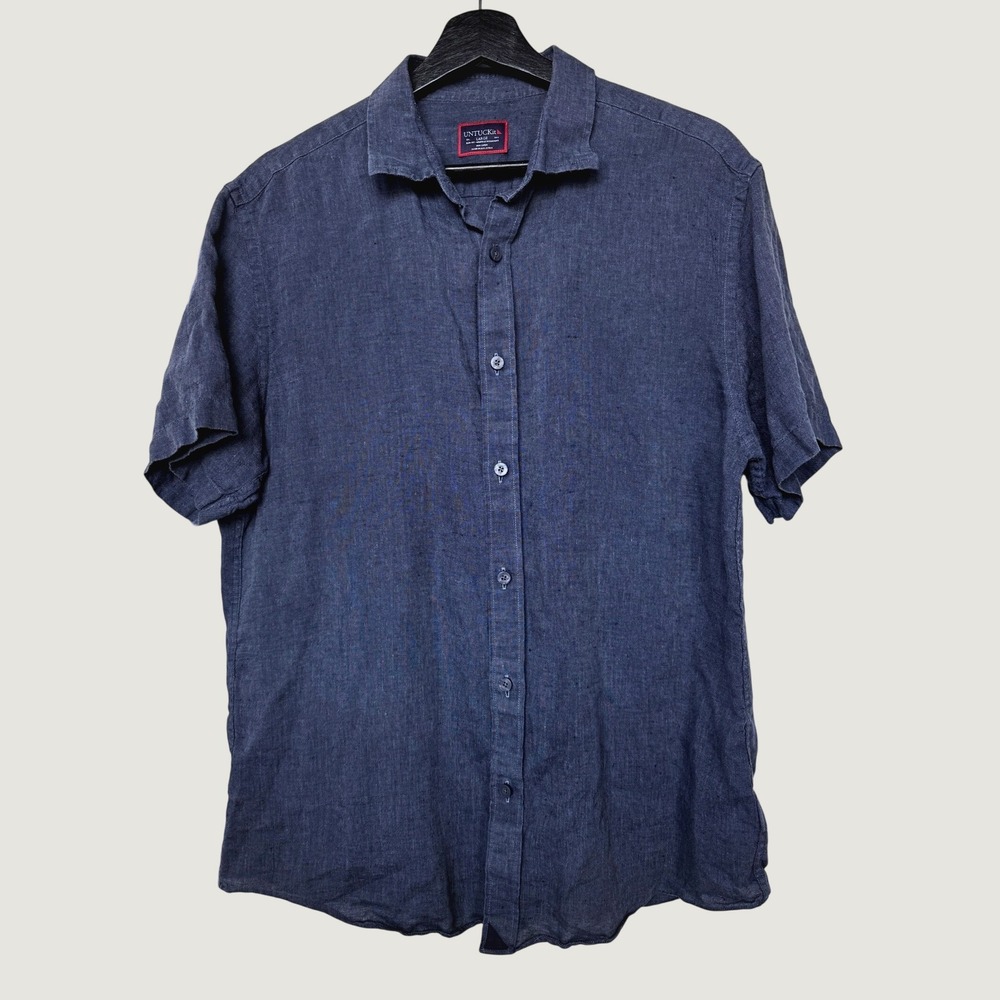 UNTUCKit Araujo WR Navy Blue 100% Linen Short Sleeve Slim Fit Shirt Mens Large